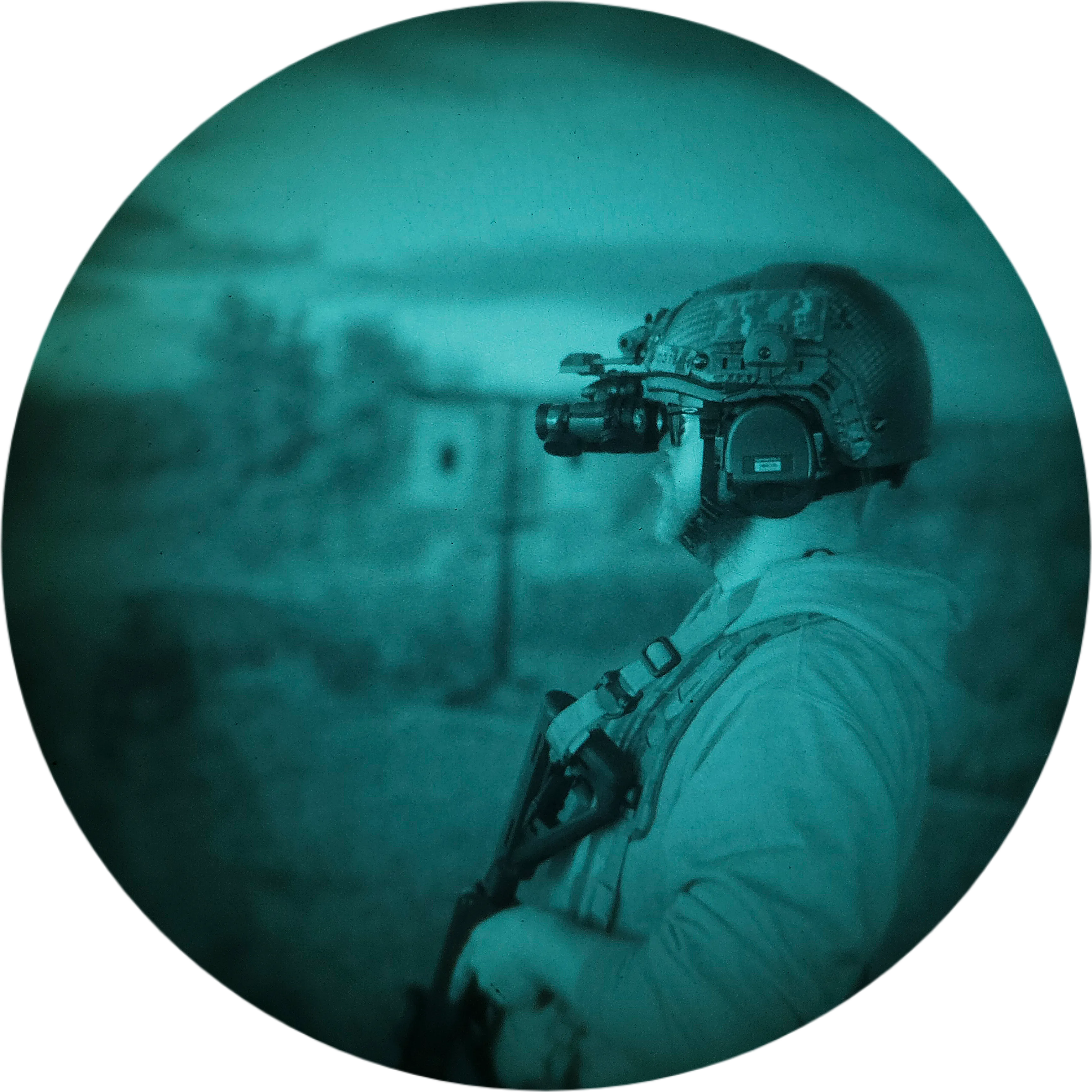 Person wearing a rented monocular night-vision unit on a helmet