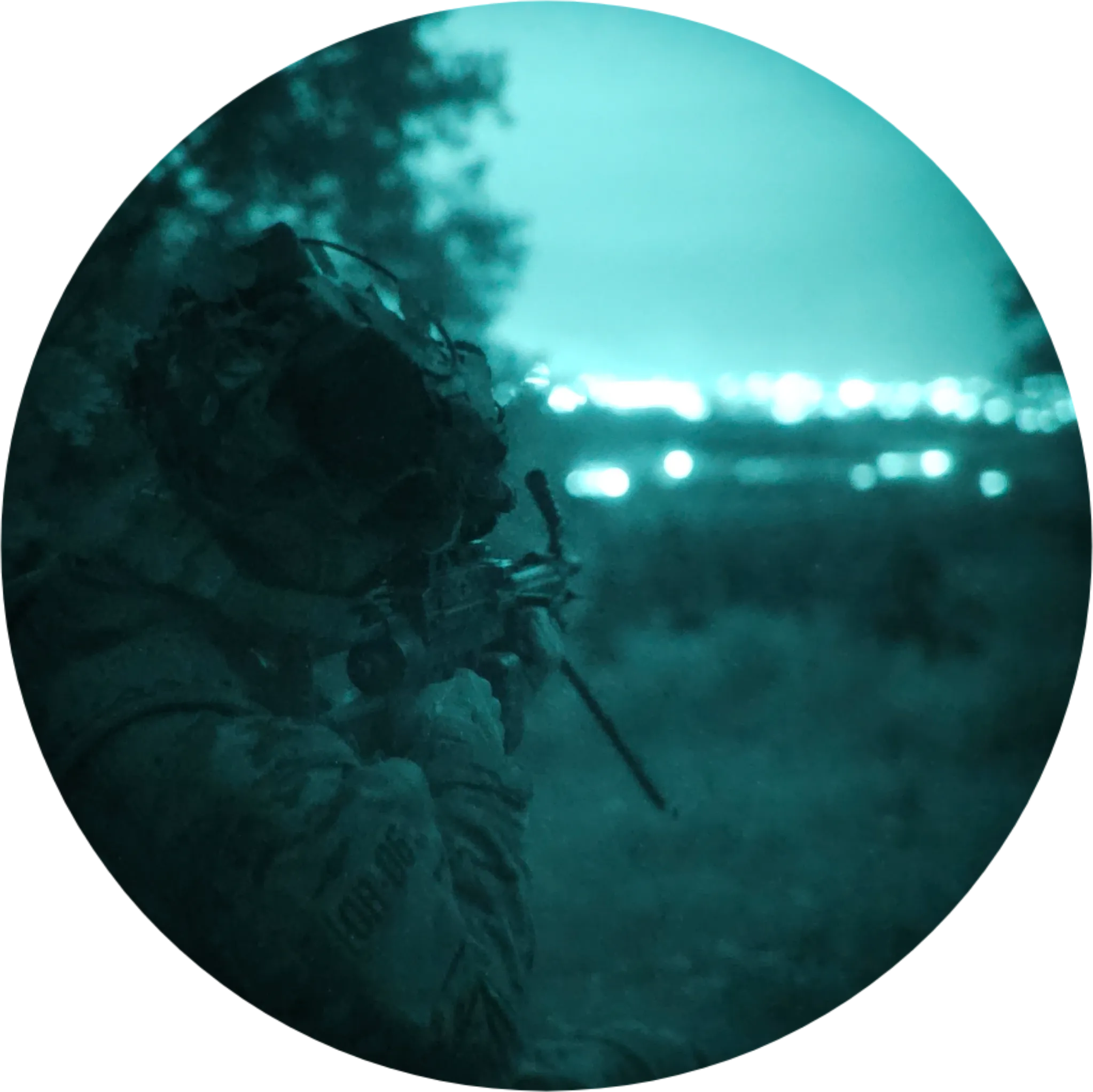 Person aiming a rented rifle replica with a mounted sight, city lights visible in the distance